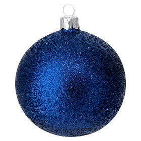 Set of 6 blue glittery blown glass Christmas baubles 80mm