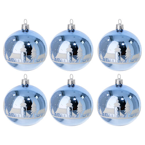 Polished light blue Christmas balls, 3 in, blown glass with white frosted winter landscape, set of 6 1