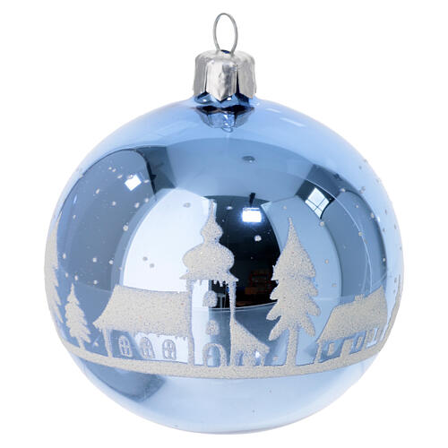 Polished light blue Christmas balls, 3 in, blown glass with white frosted winter landscape, set of 6 2