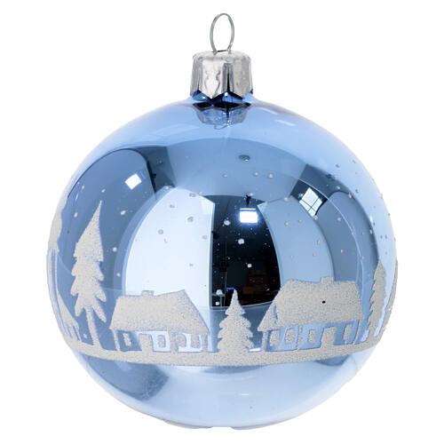 Polished light blue Christmas balls, 3 in, blown glass with white frosted winter landscape, set of 6 3