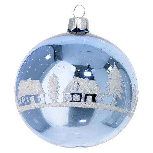 Polished light blue Christmas balls, 3 in, blown glass with white frosted winter landscape, set of 6 4