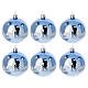 Polished light blue Christmas balls, 3 in, blown glass with white frosted winter landscape, set of 6 s1