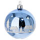 Polished light blue Christmas balls, 3 in, blown glass with white frosted winter landscape, set of 6 s3