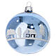 Polished light blue Christmas balls, 3 in, blown glass with white frosted winter landscape, set of 6 s4