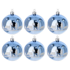 Set 6 bolas azul lúcido decoradas ambiente navideño vidrio soplado 80 mm