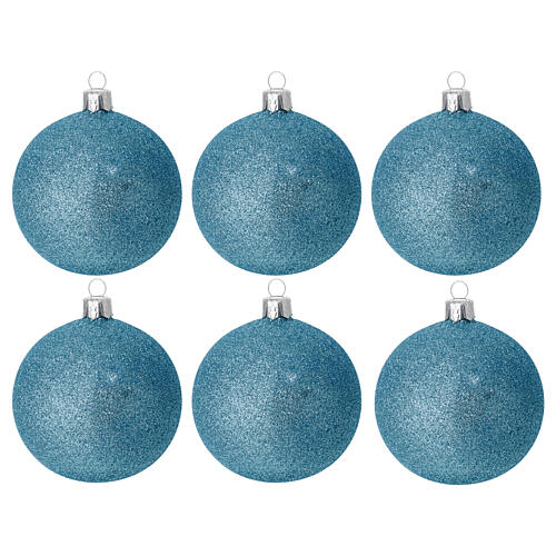 Weihnachtskugeln, 6er-Set, mundgeblasenes Glas, himmelblaue Glitzeroberfläche, Ø 80 mm 1