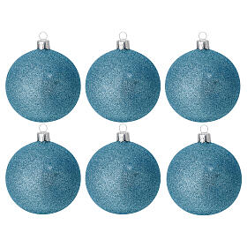 Set of 6 blown glass Christmas balls, 3 in, light blue glitter