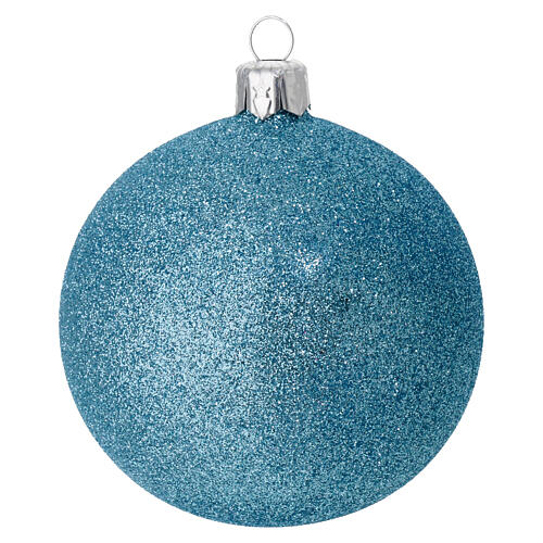 Set of 6 blown glass Christmas balls, 3 in, light blue glitter 2