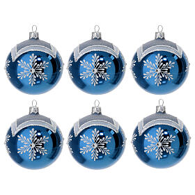 Set of 6 polished blue Christmas balls, 3 in, decorated blown glass