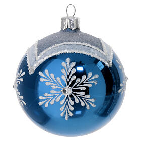 Set of 6 polished blue Christmas balls, 3 in, decorated blown glass