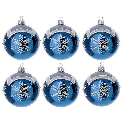 Set of 6 polished blue Christmas balls, 3 in, decorated blown glass 1