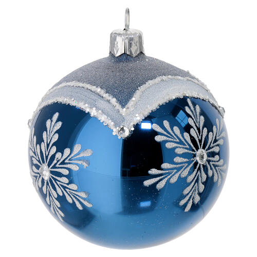 Set of 6 polished blue Christmas balls, 3 in, decorated blown glass 3