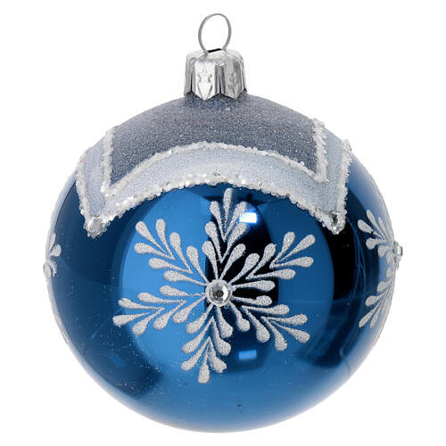 Set of 6 polished blue Christmas balls, 3 in, decorated blown glass 4