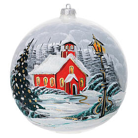 Weihnachtskugel, mundgeblasenes Glas, hochglänzend weiß, mit handbemalter verschneiter Landschaft, Ø 200 mm