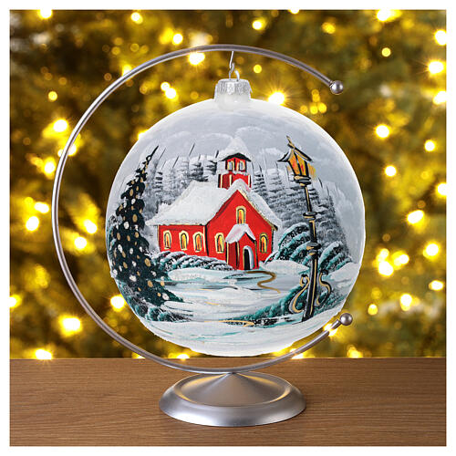 Weihnachtskugel, mundgeblasenes Glas, hochglänzend weiß, mit handbemalter verschneiter Landschaft, Ø 200 mm 2