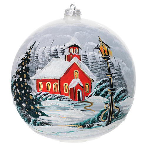 Polished white Christmas ball with snowy landscape, diam. of 8 in 1