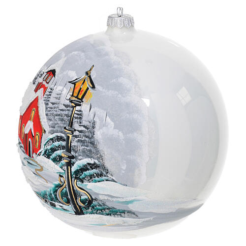 Polished white Christmas ball with snowy landscape, diam. of 8 in 3