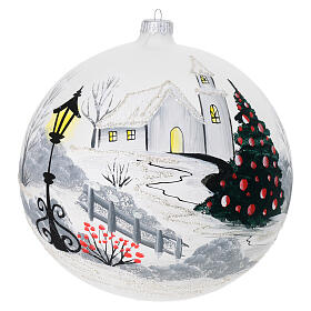 White Christmas ball with snowy landscape, blown glass, 8 in