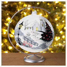 White Christmas ball with snowy landscape, blown glass, 8 in