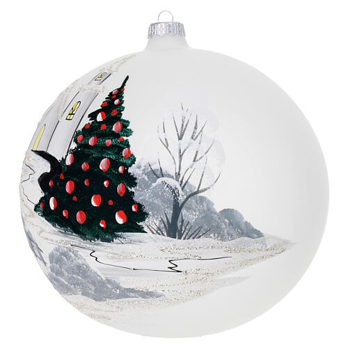 White Christmas ball with snowy landscape, blown glass, 8 in 3