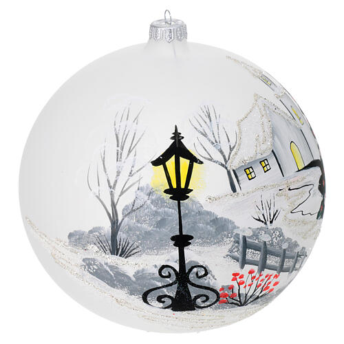 White Christmas ball with snowy landscape, blown glass, 8 in 4