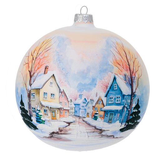 Christmas ball, dull white blown glass with snowy colourful houses, 6 in 1