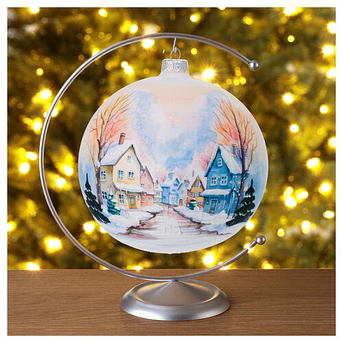 Christmas ball, dull white blown glass with snowy colourful houses, 6 in 2