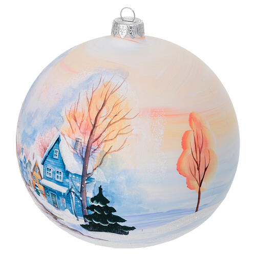 Christmas ball, dull white blown glass with snowy colourful houses, 6 in 3