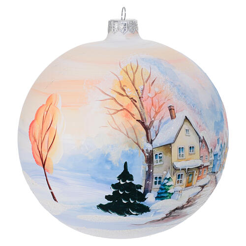 Christmas ball, dull white blown glass with snowy colourful houses, 6 in 4