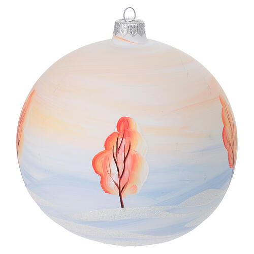 Christmas ball, dull white blown glass with snowy colourful houses, 6 in 5