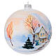 Christmas ball, dull white blown glass with snowy colourful houses, 6 in s4