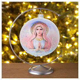 Christmas decoration of opaque white blown glass, colourful Virgin Mary, 6 in