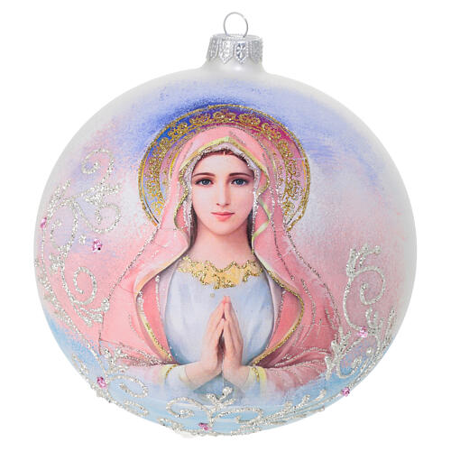 Christmas decoration of opaque white blown glass, colourful Virgin Mary, 6 in 1