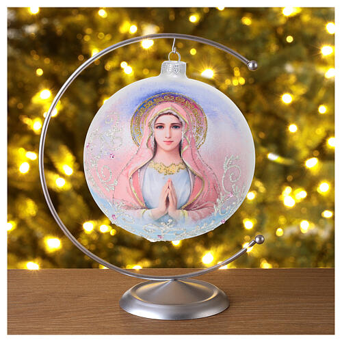 Christmas decoration of opaque white blown glass, colourful Virgin Mary, 6 in 2