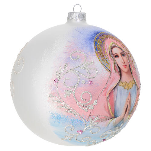 Christmas decoration of opaque white blown glass, colourful Virgin Mary, 6 in 4