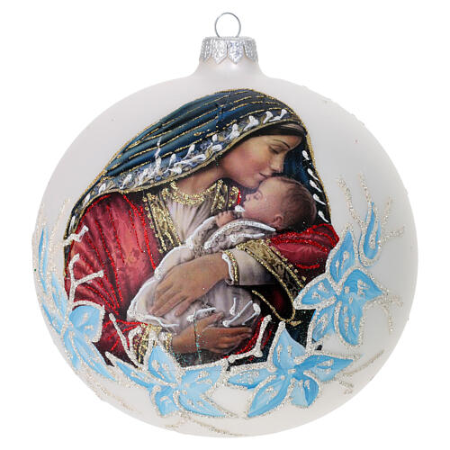 White blown glass Christmas ball, Virgin with Child, 6 in 1