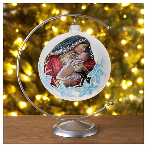 White blown glass Christmas ball, Virgin with Child, 6 in 2