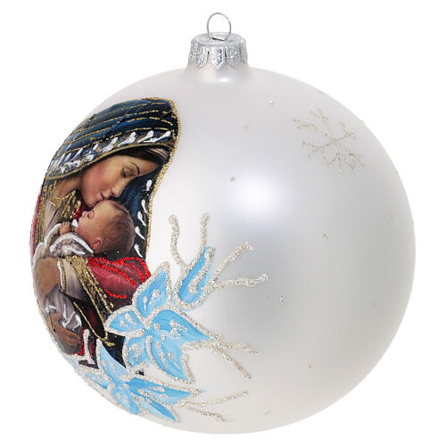 White blown glass Christmas ball, Virgin with Child, 6 in 3