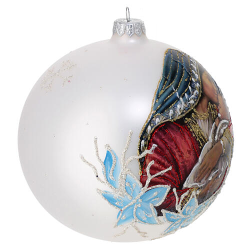 White blown glass Christmas ball, Virgin with Child, 6 in 4