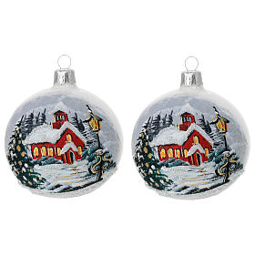 Set of 2 Christmas balls, polished white blown glass with snowy landscape, 3 in