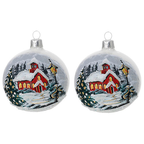 Set of 2 Christmas balls, polished white blown glass with snowy landscape, 3 in 1