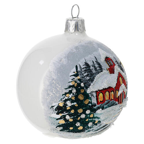 Set of 2 Christmas balls, polished white blown glass with snowy landscape, 3 in 4