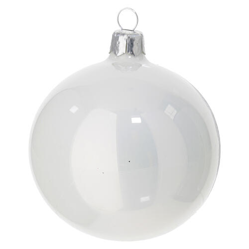 Pair of glossy white Christmas baubles in snowy village blown glass 80 mm 5