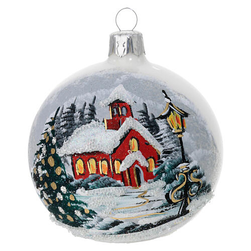 Pair of glossy white Christmas baubles in snowy village blown glass 80 mm 3