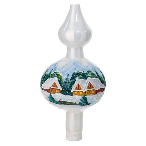Baumspitze, mundgeblasenes Glas, Weiß glänzend, Winterdorfdekor – Höhe 35 cm 2