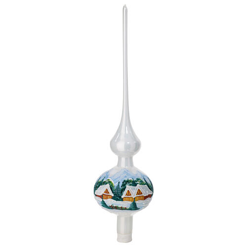 Christmas tree topper of polished white blown glass, snowy houses, 14 in 1