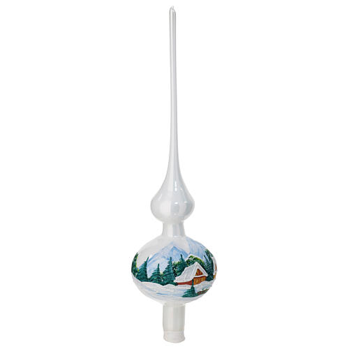 Christmas tree topper of polished white blown glass, snowy houses, 14 in 4