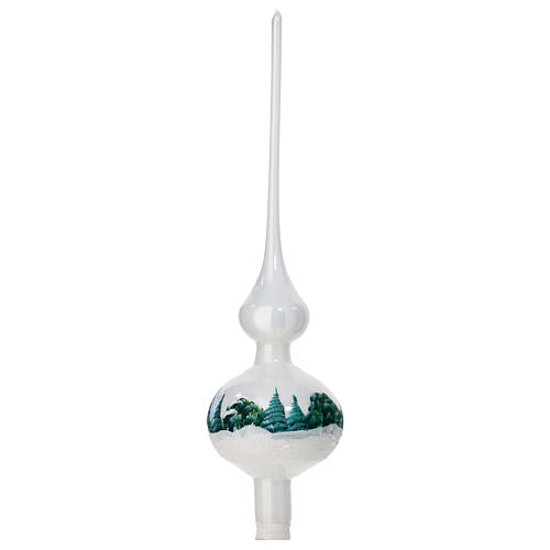 Christmas tree topper of polished white blown glass, snowy houses, 14 in 5