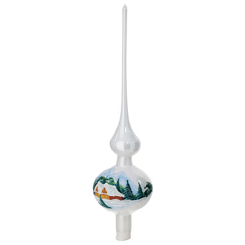 Puntale albero Natale vetro soffiato bianco lucido decori case innevate 35 cm 3