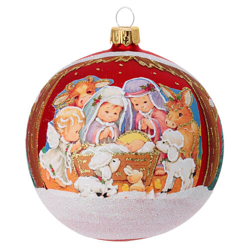 Satin red blown glass Christmas ball, Holy Family with childlike features, 4 in 1